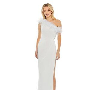 Mac Duggal White One Shoulder Feather Trim Cocktail Dress Bridal